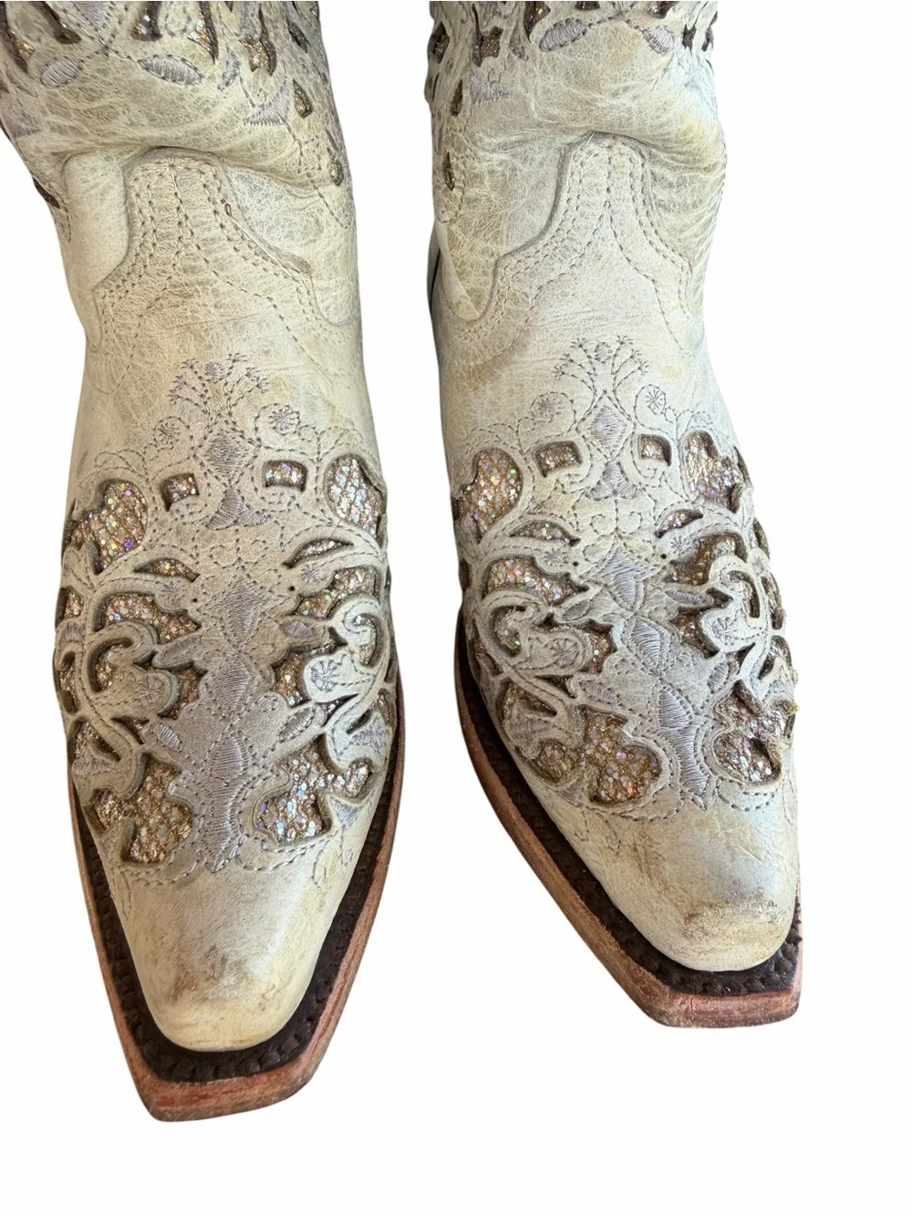 Corral Teens Off-White Glittered Inlay Snip Toe Cowboy Boots T0021 | Size 2